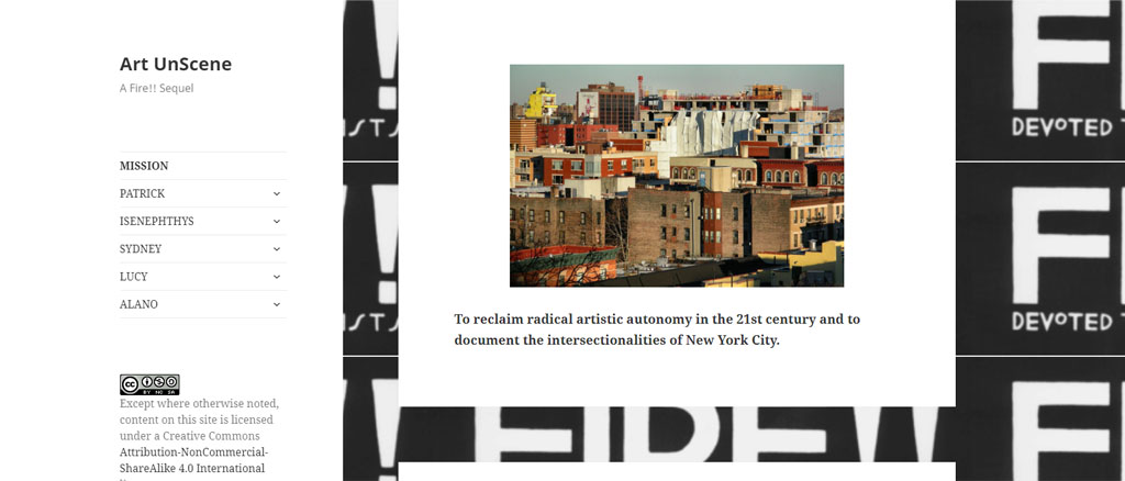 website screenshot showing architecture of Harlem agains decorative background